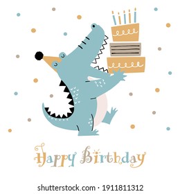 Hand drawn cute crocodile and birthday cake, and whimsical Happy Birthday text on white background.