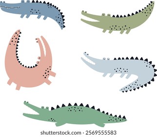 Hand drawn cute crocodiles set. Colorful crocodiles in different poses.