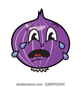 La mano dibujó una tierna cebolla morada llorando al estilo de una caricatura de estilo antiguo con un contorno negro. Ilustración vectorial aislada