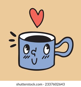Hand drawn cute cup with coffee or tea in retro cartoon design, isolated vector illustration in outlined style
