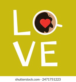 Hand Drawn cute cup with heart. Lettering - love. Sweet heart inside cup of coffee. Mug and text for prints, cards, cafe, design, packaging. Doodle isolated on yellow background. vector illustration