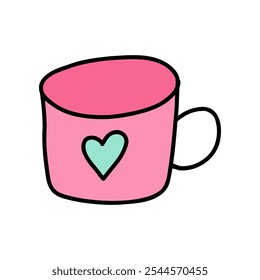 Hand drawn cute cup with heart in doodle style. Adorable cup designed for Valentine's Day, symbolizing love and affection. Perfect for sharing warm moments with a charming cup of joy and love