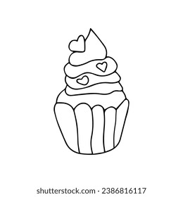 Hand drawn cute cupcake with cream and heart shapes sprinkles. Doodle Love symbols holiday clipart. Valentine's Day concept. Isolated on white background 