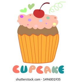 Hand drawn cute cupcake vector illustration for card, poster and menu.