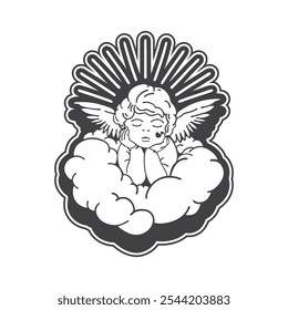 hand drawn cute cupid, angel, cherub in cloud. y2k abstract angel character line art