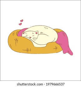 Hand drawn cute curled up kitten sleeps in a basket, isolated vector doodle illustration on white background