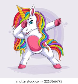 Hand drawn Cute Dabbing Unicorn, funny unicorn with blue eyes doing dabbing dance, Dabbing gesture