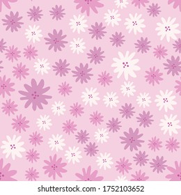 Hand drawn cute daisies flowers seamless pattern on pink background. Doodle style. Baby floral endless wallpaper. Design for fabric design, textile print, wrapping, cover. Vector illustration