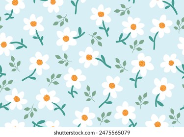 Hand drawn cute daisy flower seamless pattern with blue background.