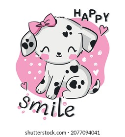Hand drawn Cute Dalmatian Puppy Childrens pink Print Cartoon Character Vector Illustration