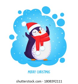 Hand drawn cute dancing penguin in red santa hat. Merry Christmas greetings. Vector illustration in cartoon style. Pre-made postcard.
