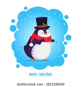Hand drawn cute dancing penguin in new year top hat. Merry Christmas greetings in cartoon style. Vector illustration.