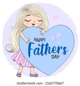 Hand drawn cute daughter girls with big heart. Happy Fathers Day. Vector illustration.