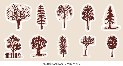 Hand drawn cute decidious fir tree sticker icon . Isolated flat vector illustration for organic eco nature based design element.Black and white minimal modern woodland garden clipart bundle set