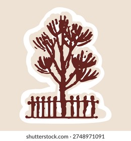 
Hand drawn cute decidious tree sticker icon . Isolated flat vector illustration for organic eco nature based design element.Black and white minimal modern woodland garden clipart with picket fence
