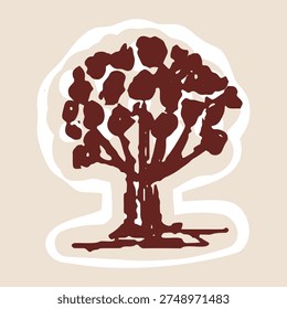 Hand drawn cute decidious tree sticker icon . Isolated flat vector illustration for organic eco nature based design element.Black and white minimal modern woodland garden clipart with picket fence
