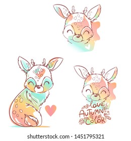 Hand drawn cute deer. Design print for children. Vector illustration cute animal. Cartoon style. Woodland vector. 