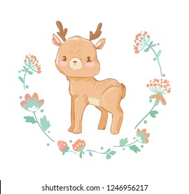 Hand Drawn cute deer in flowers. Vector illustration. Design prints for children's clothing.