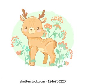 Hand Drawn cute deer in flowers. Vector illustration. Design prints for children's clothing. Hand Drawn cute deer in flowers. Vector illustration. Design prints for children's clothing.