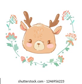 Hand Drawn cute deer in flowers. Vector illustration. Design prints for children's clothing.