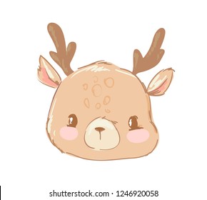 Hand drawn cute deer isolated on white background. Childish illustration. Idea print design for kids t-shirt and clothes. Cartoon animal style. Woodland vector.