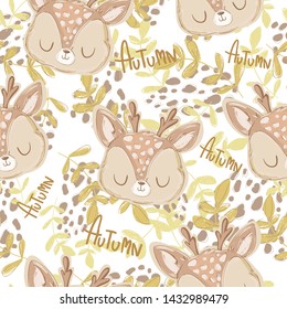 Hand Drawn cute deer pattern seamless. Autumn illustration textile design. Children's print.