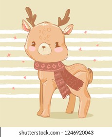 Hand drawn cute deer in a scarf on a striped background. Print design for children's t-shirts, textiles. Childish fashion. Woodland cartoon vector illustration. Hand drawn cute deer in a scarf on a striped background. Print design for children's t-shirts, textiles. Childish fashion. Woodland cartoon vector illustration.
