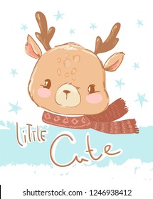 Hand Drawn cute deer with a scarf on a striped blue and white background. Handwritten phrase Little Cute. Children's print for a t-shirt for the winter season.
Hand Drawn cute deer with a scarf on a striped blue and white background. Handwritten phrase Little Cute. Children's print for a t-shirt for the winter season.