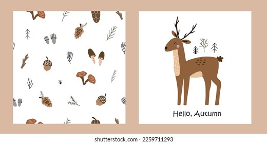 Hand drawn cute deer seamless pattern on white background. Vector illustration for nursery and textile decoration