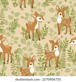 hand Drawn Cute Deers pattern seamless. Print design Vector