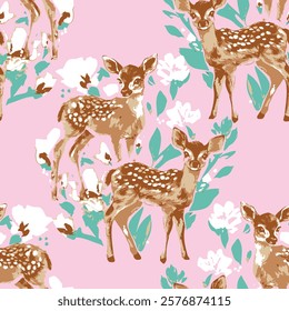 hand Drawn Cute Deers pattern seamless. Print design Vector