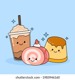 Hand drawn cute delicious strawberry roll cake, caramel pudding and iced drink vector design