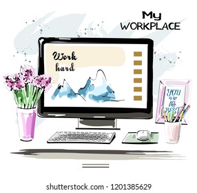 Hand drawn cute desk set with computer monitor, keyboard, mouse, flower vase, pens, picture frame. Stylish table set. Flat lay. Sketch.