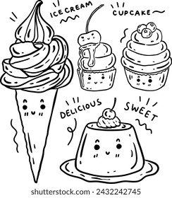 postre lindo dibujado a mano y texto para plantillas.