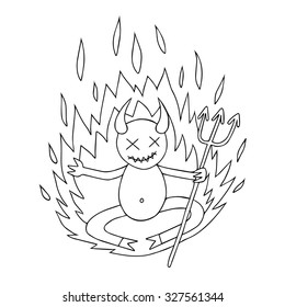 Hand drawn cute devil symbol. Little diablo cartoon with trident and fire. Doodle fun character sketch isolated on white background.  Halloween Coloring book for boys. 