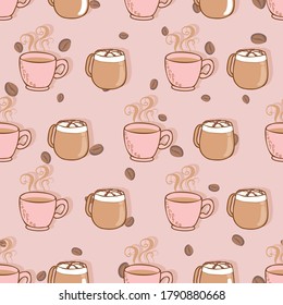 dibujado a mano lindo diferentes tipos de café con café frijol de fondo rosa vector diseño de patrón sin fisuras
