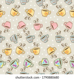 hand drawn cute different types of coffee cup polka dot background vector seamless pattern design