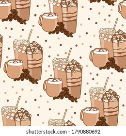 hand drawn cute different types of coffee vector seamless pattern design