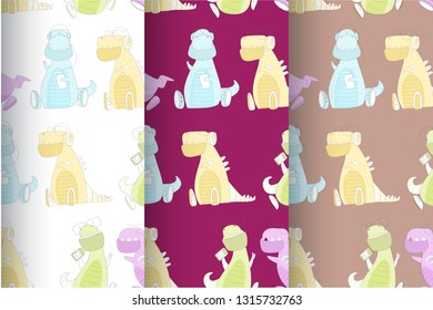 Hand drawn cute dino with pattern vector set - Trendy scandinavian vector background. Vector