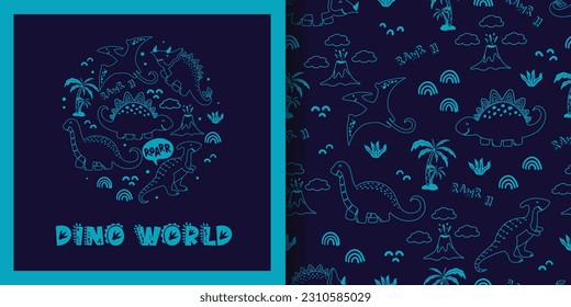 Hand drawn Cute dinos in simple outline sketchy style. Cartoon card and seamless pattern set. Doodle characters Animals Background. Cute Cartoon Dinosaurs, volcano, and plants. Vector illustration