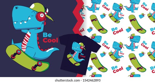 hand drawn cute dinosaur with pattern set