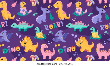 Hand drawn cute dinosaurs background with dinos, Roar signs, footprints, leaves for clothes, shirt, fabric. Kids violet dino vector illustration