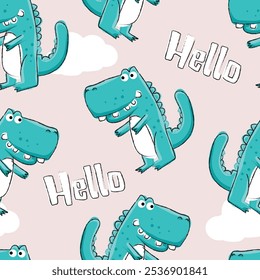 Hand drawn cute dinosaurs childish seamless pattern. Vector illustration.