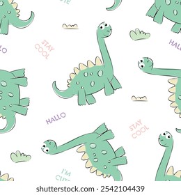 Hand drawn cute dinosaurs childish seamless pattern. Vector illustration.
