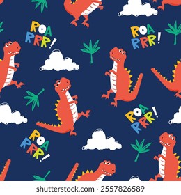 Hand drawn cute dinosaurs childish seamless pattern with cloud, roar lettering and palm tree. Vector illustration.