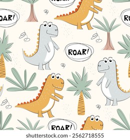 Hand drawn cute dinosaurs childish seamless pattern with palm tree and roar lettering. Vector illustration.