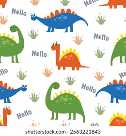 Hand drawn cute dinosaurs childish seamless pattern with grass and hello lettering. Vector illustration.