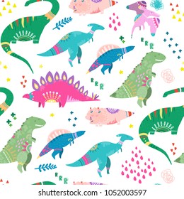 Hand drawn cute dinosaurs. Colored vector seamless pattern