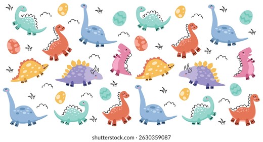 Hand drawn cute dinosaurs flat cartoon pattern illustration