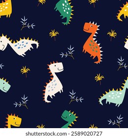 Hand drawn cute dinosaurs and leaves seamless pattern. Childish and playful characters with colorful colors. Vector illustration.